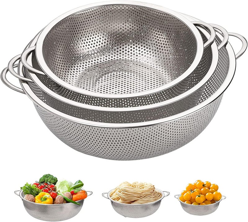 FEELING MALL Stainless Steel Round Hole Basket Fruit Drain Rice Mesh Sifter Colander Set of 3 Strainer Sieve Rice Food Basket Cleaning KitchenWashing, Perfect for Pasta Fruits Vegetables - Image 1