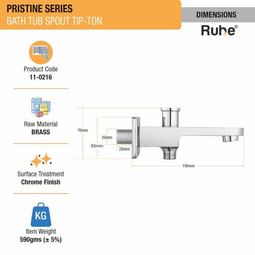 Ruhe® Pristine Bath Tub Spout Tip-Ton Faucet/Tap with Chrome Finish for Bathtubs | Wall Mount | Bathtub Spout with Flange | Brass Faucet Tap - Image 5