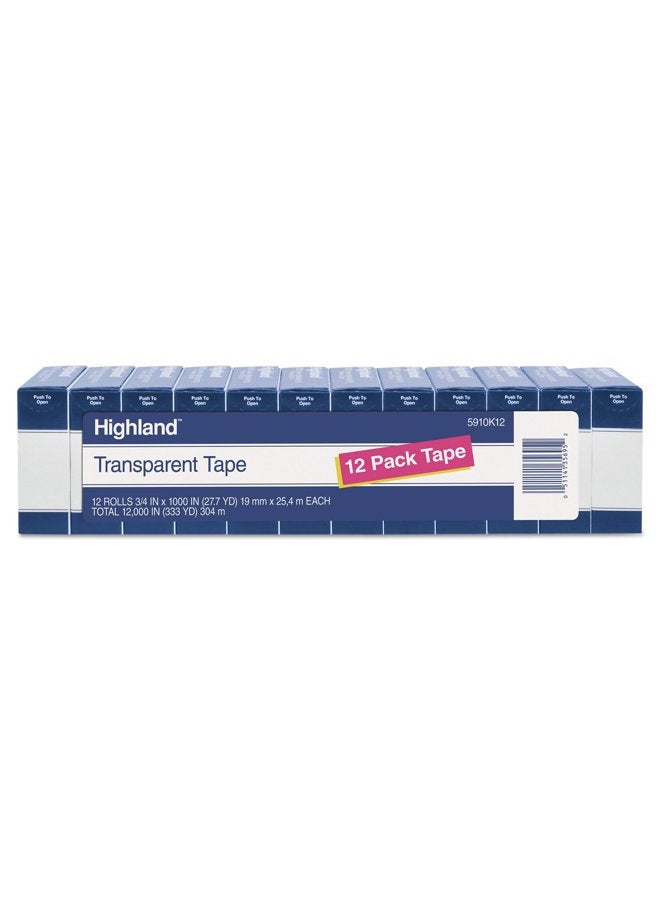 Scotch Highland Transparent Tape, 3/4" x 1000", 1" Core, Clear, 12/Pack (5910K12)