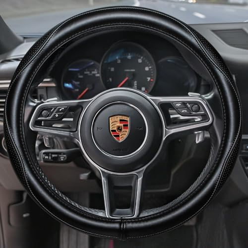HAOKAY Top Grade Black Genuine Leather Steering Wheel Cover Men Women Luxury Steering Wheel Cover for Cars SUVS and TrucksUniversal 14515 inch - Image 3