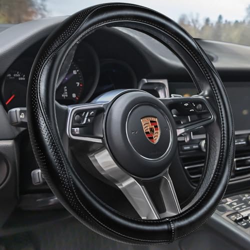 HAOKAY Top Grade Black Genuine Leather Steering Wheel Cover Men Women Luxury Steering Wheel Cover for Cars SUVS and TrucksUniversal 14515 inch - Image 1