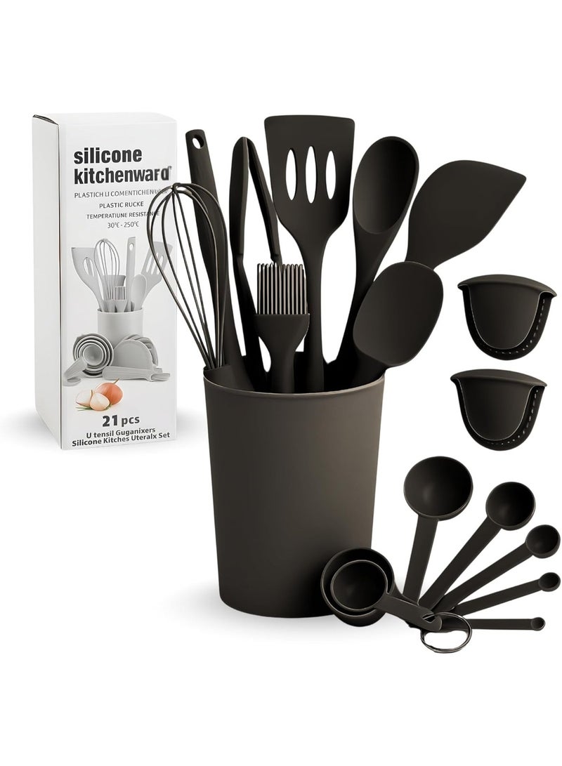 JUNI 21-Piece Silicone Kitchen Utensils Set with Holder – Heat Resistant Cooking Spatula, Spoon, Ladle & Turner Set for Non-Stick Cookware – BPA Free Silicone Cooking Tools - Image 1