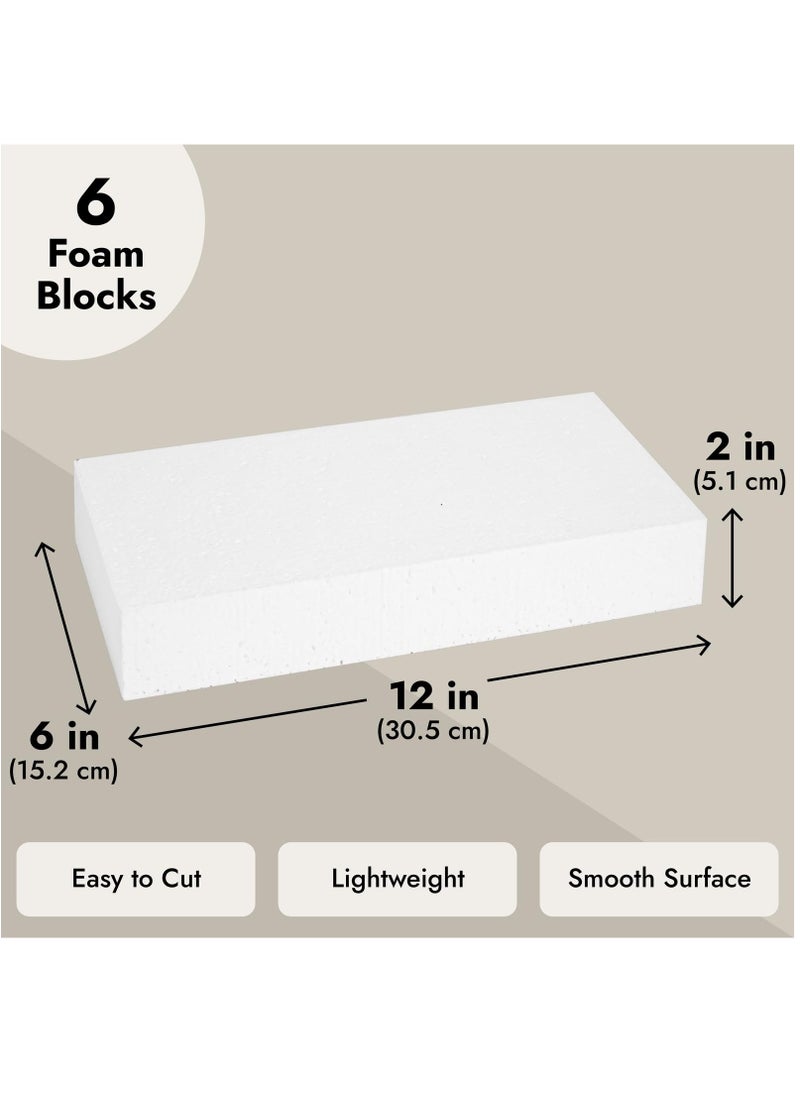 Pack of 6 White Styrofoam Blocks - 12 x 6 x 2 Inch Polystyrene Foam for Sculpting, DIY Arts & Crafts, Kids Projects, Modelling, and Floral Arrangements