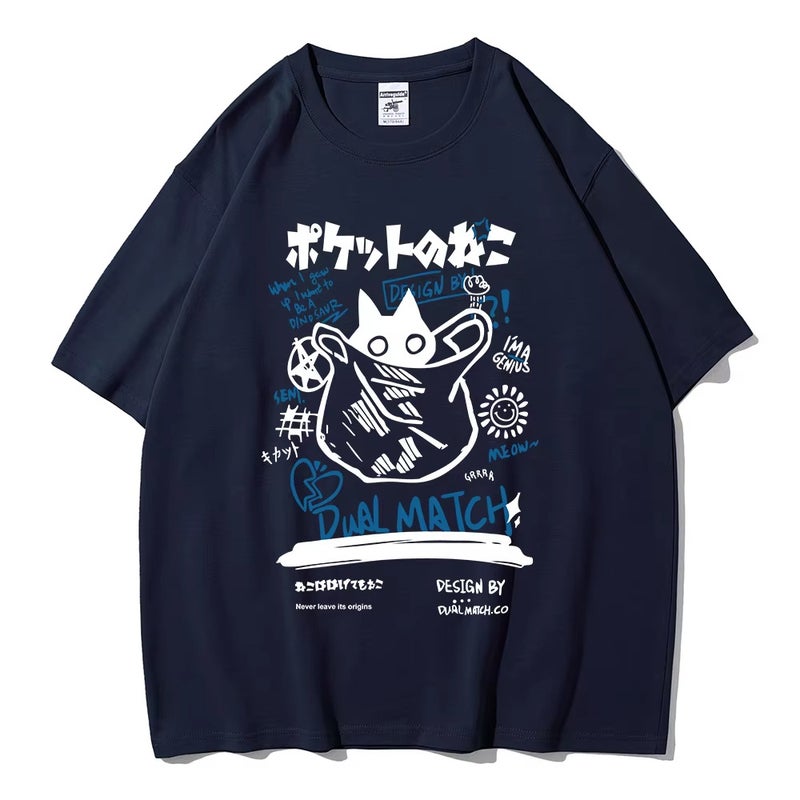 Unisex 2024 Harajuku Kawakami Cat Printed Short-Sleeved T-Shirt Couples Street Casual Loose Clothes Y2K Top - Image 1