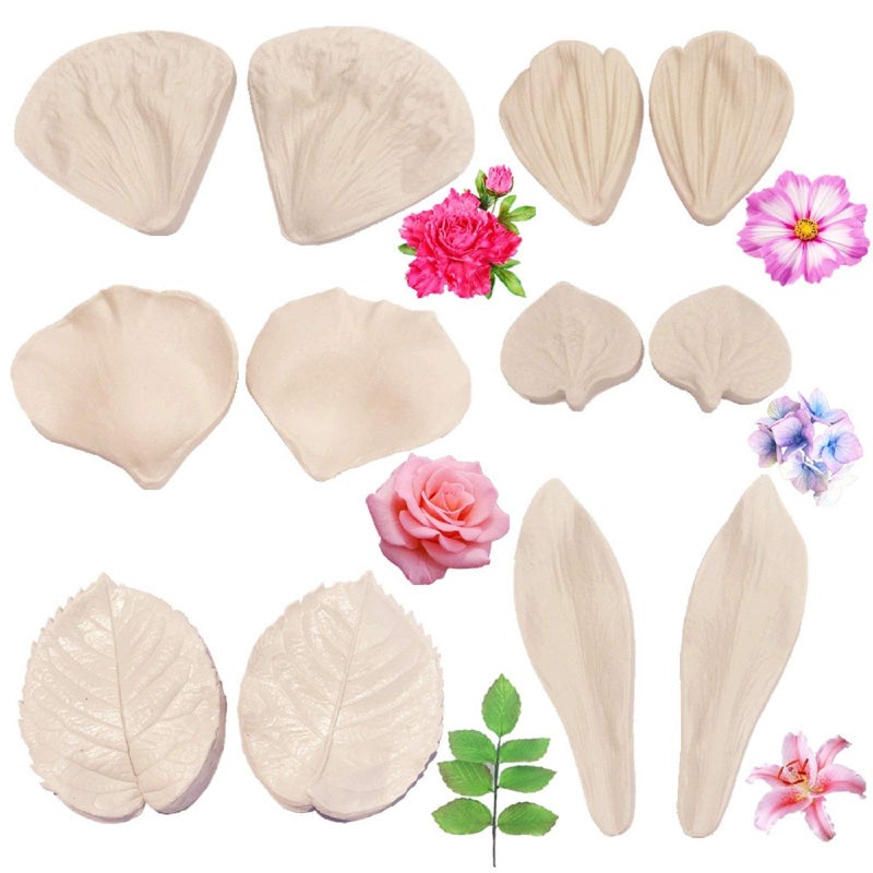 6set Gum Paste Flowers MoldFondant Silicone Veining MoldSugarcraft Flower Making Tools for Peony Rose Lily Daisy Hydrangea Flower and Leaves Fondant Cake Decorating