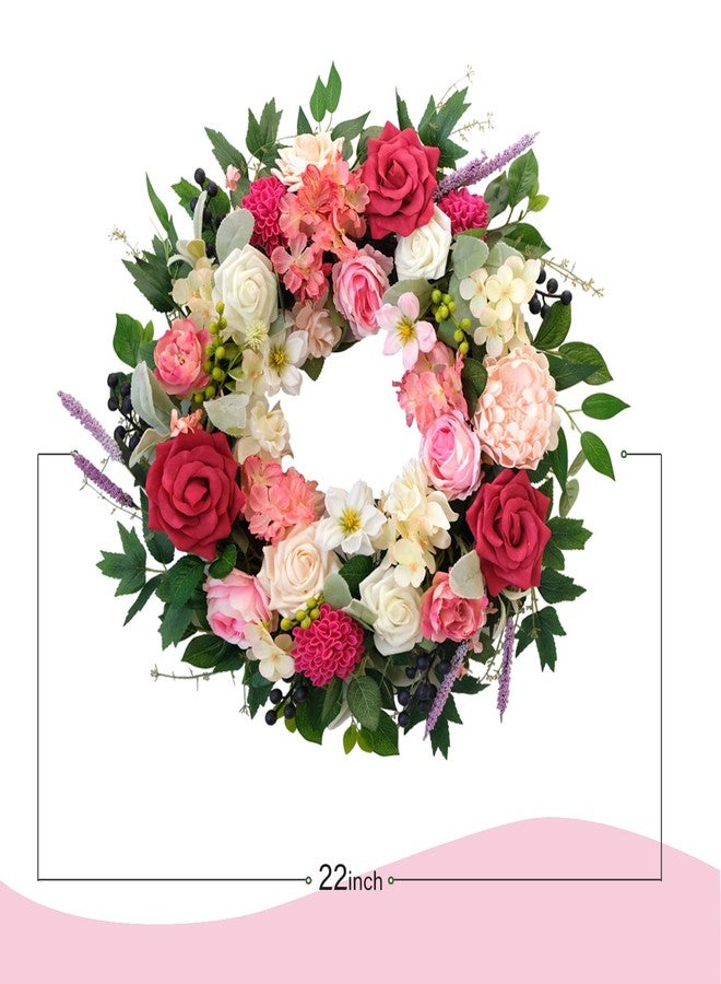 CIR OASES أكاليل زهور CIR OASES مقاس 22 بوصة للربيع/الصيف للباب الأمامي، إكليل زينة صناعي مع وردة داليا وهيدرانجيا لتزيين المنزل في عيد الحب وحفلات الزفاف وعيد الأم (أحمر) - Image 3