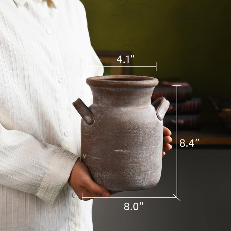 Quoowiit Ceramic Rustic Farmhouse Vase, Distressed Decorative Flower Vases for Home Decor, Ideal Shelf Decor, Brown Boho Vase for Living Room Bedroom Kitchen Office Decor Centerpiece Table Decorations - Image 5