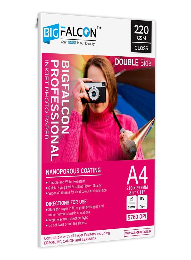 BIGFALCON Professional A4 (8.5x11 inch) 220 GSM Double Sided Glossy Inkjet Photo Paper Premium Dual Sided Printing for Stunning Photos (Pack of 1-20 Sheets) - Image 1