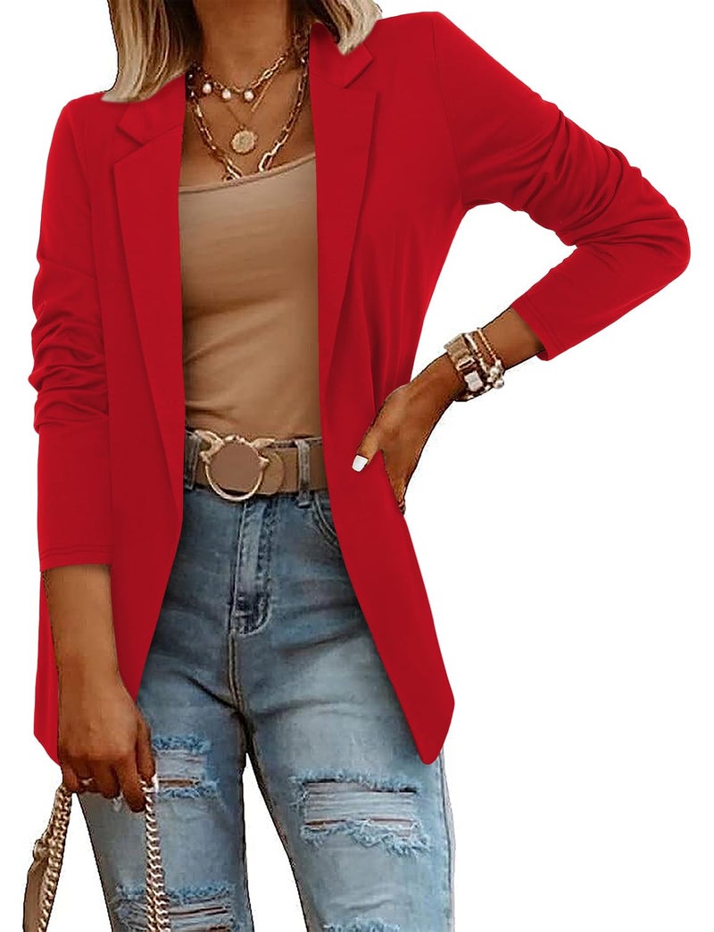 CRAZY GRID Women Work Causal Blazer Jacket Work Office Blazer Long Sleeve Office Jacket with Lined Lapel Blazer Jacket Oversized 2XL Red - Image 3