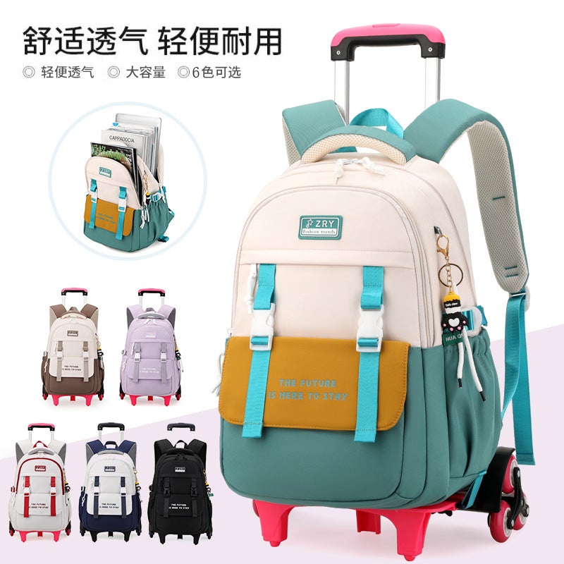 Natural Fish New Pull Rod Schoolbag Primary School Girls Reduce The Burden Of Large Capacity Schoolbag Children Primary School Students A Generation Of Hair - Image 2