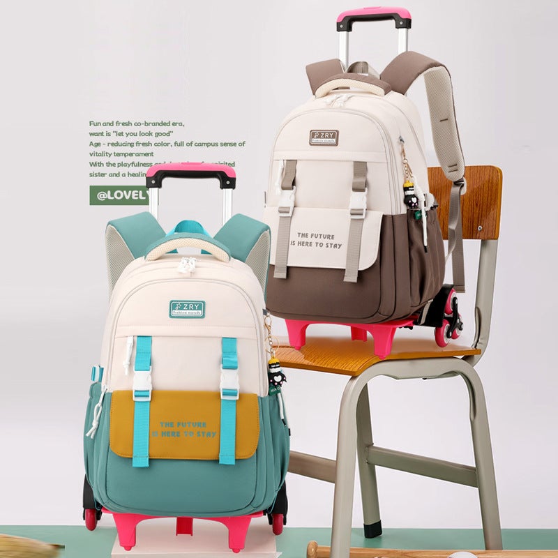 Natural Fish New Pull Rod Schoolbag Primary School Girls Reduce The Burden Of Large Capacity Schoolbag Children Primary School Students A Generation Of Hair - Image 5