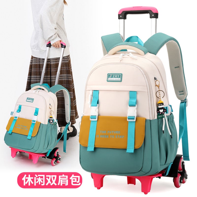 Natural Fish New Pull Rod Schoolbag Primary School Girls Reduce The Burden Of Large Capacity Schoolbag Children Primary School Students A Generation Of Hair - Image 3