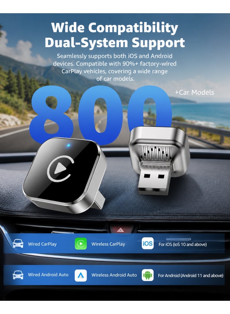 2-in-1 Wireless CarPlay & Android Auto Adapter, USB/USB-C Dongle, Silver - Image 3