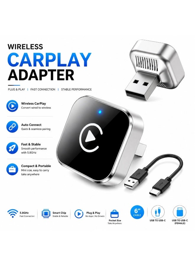 2-in-1 Wireless CarPlay & Android Auto Adapter, USB/USB-C Dongle, Silver - Image 1
