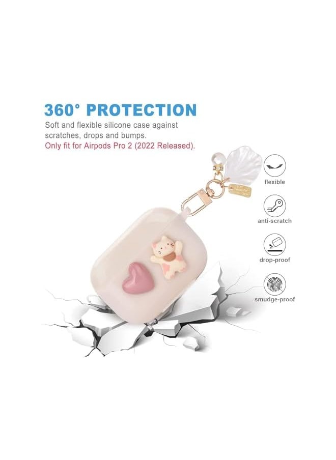 Excefore - Cute Kawaii For Air Pod Pro 2 Case With Shell Pearl Keychain Love Heart Cat Design Silicone Tpu Cover Compatible With Air Pods Pro 2Nd Generation 2022 Case For Women And Girls - Image 1