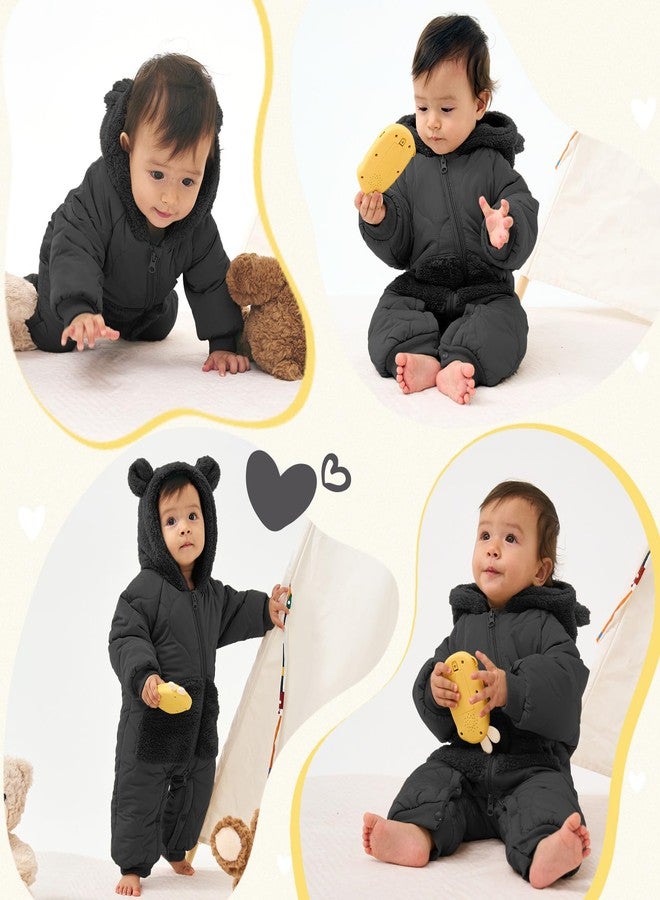 JiAmy Baby Snowsuit Winter Romper Hooded Boys Girls Jumpsuit Bear Thick Windproof Cap Infant Winter Clothes 3-6 Months Black - Image 4
