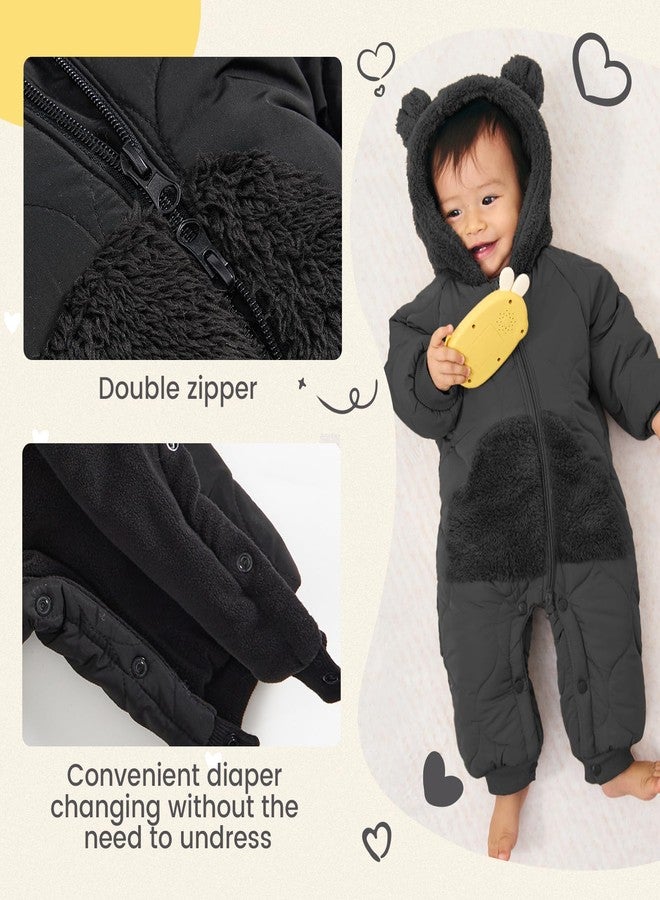 JiAmy Baby Snowsuit Winter Romper Hooded Boys Girls Jumpsuit Bear Thick Windproof Cap Infant Winter Clothes 3-6 Months Black - Image 3