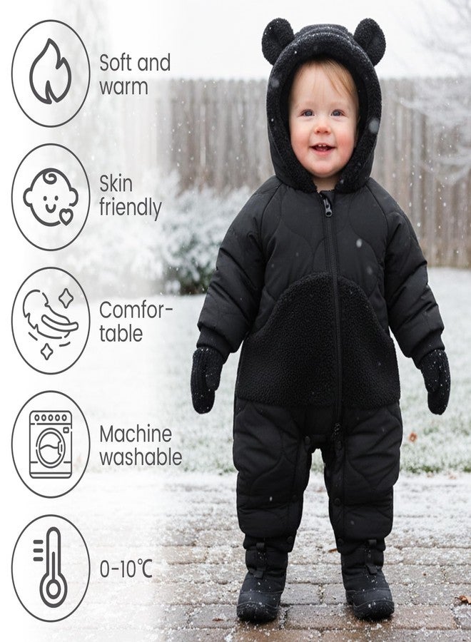 JiAmy Baby Snowsuit Winter Romper Hooded Boys Girls Jumpsuit Bear Thick Windproof Cap Infant Winter Clothes 3-6 Months Black - Image 2