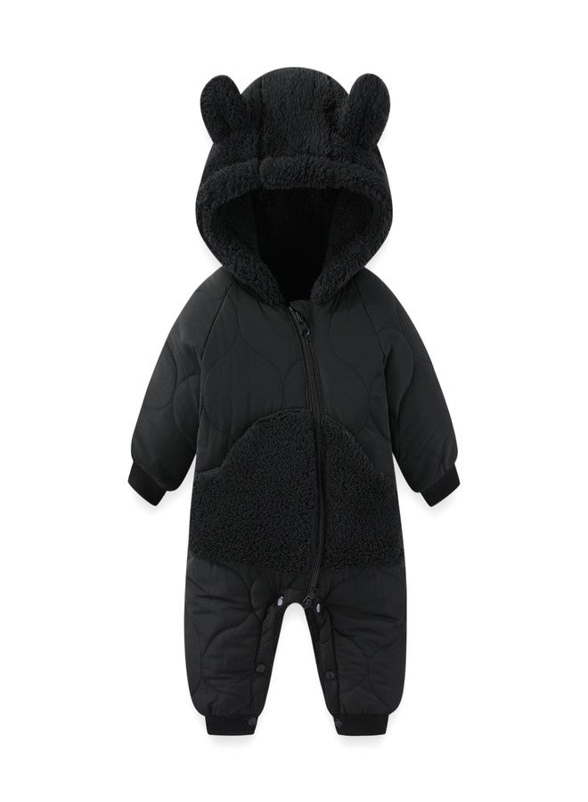 JiAmy Baby Snowsuit Winter Romper Hooded Boys Girls Jumpsuit Bear Thick Windproof Cap Infant Winter Clothes 3-6 Months Black - Image 1