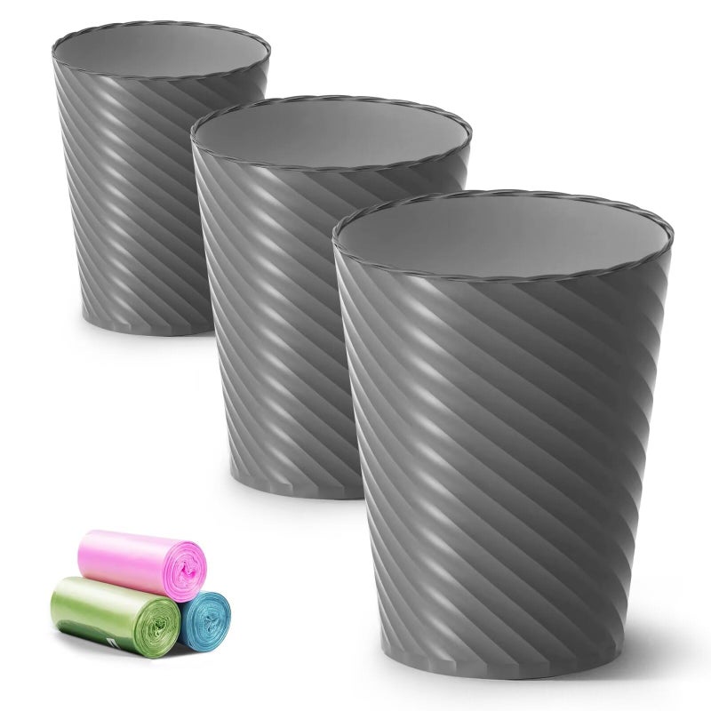 Bathroom Trash Can 3 Pack 18 Gallons Small Trash Can with Trash Bags Bathroom Garbage Can Plastic Trash Bin Round Waste Basket for BathBedroom Office Kitchen Room Compact Space Grey