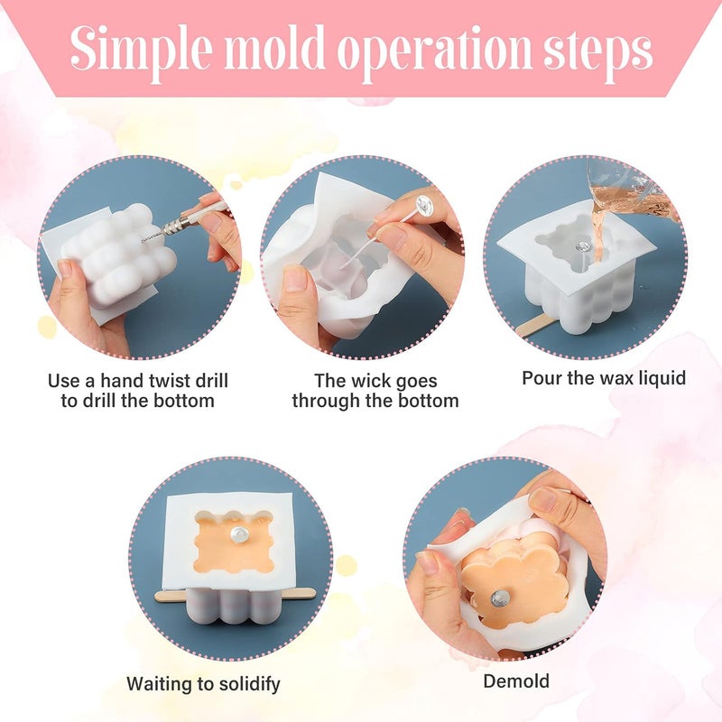 Geiserailie 4 Pcs 3D Bubble Candle Molds Set Including Bubble Cube Silicone Mold Wicks Wood Wick Holders and Hand Twist Drill Ball Silicone Mould for Scented Candle Making SoapDIY Craft - Image 4