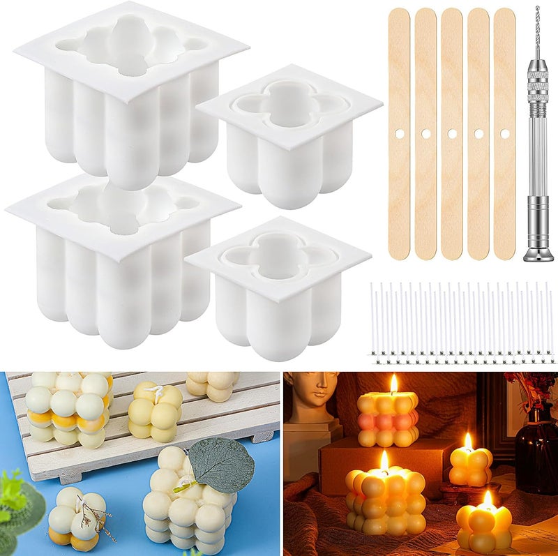 Geiserailie 4 Pcs 3D Bubble Candle Molds Set Including Bubble Cube Silicone Mold Wicks Wood Wick Holders and Hand Twist Drill Ball Silicone Mould for Scented Candle Making SoapDIY Craft - Image 1