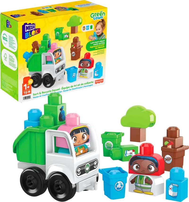Mega Brands MEGA BLOKS Fisher-Price Toddler Building Blocks, Green Town Sort & Recycle Squad with 15 Pieces, 2 Figures, Toy Gift Ideas for Kids - Image 1