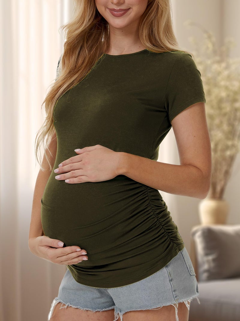 MIRAZEN 3 Pack Womens Maternity Shirts - Crew Neck Maternity Top Short Sleeve Pregnancy Tee Shirts, Black/Light Grey/Army Green, Large - Image 3