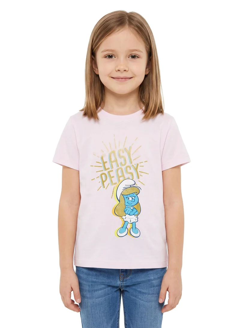 Trucare The Smurfs Smurfette "Easy Peasy" Graphic T-Shirt for Girls | Glitter Print Casual Crew Neck Tee