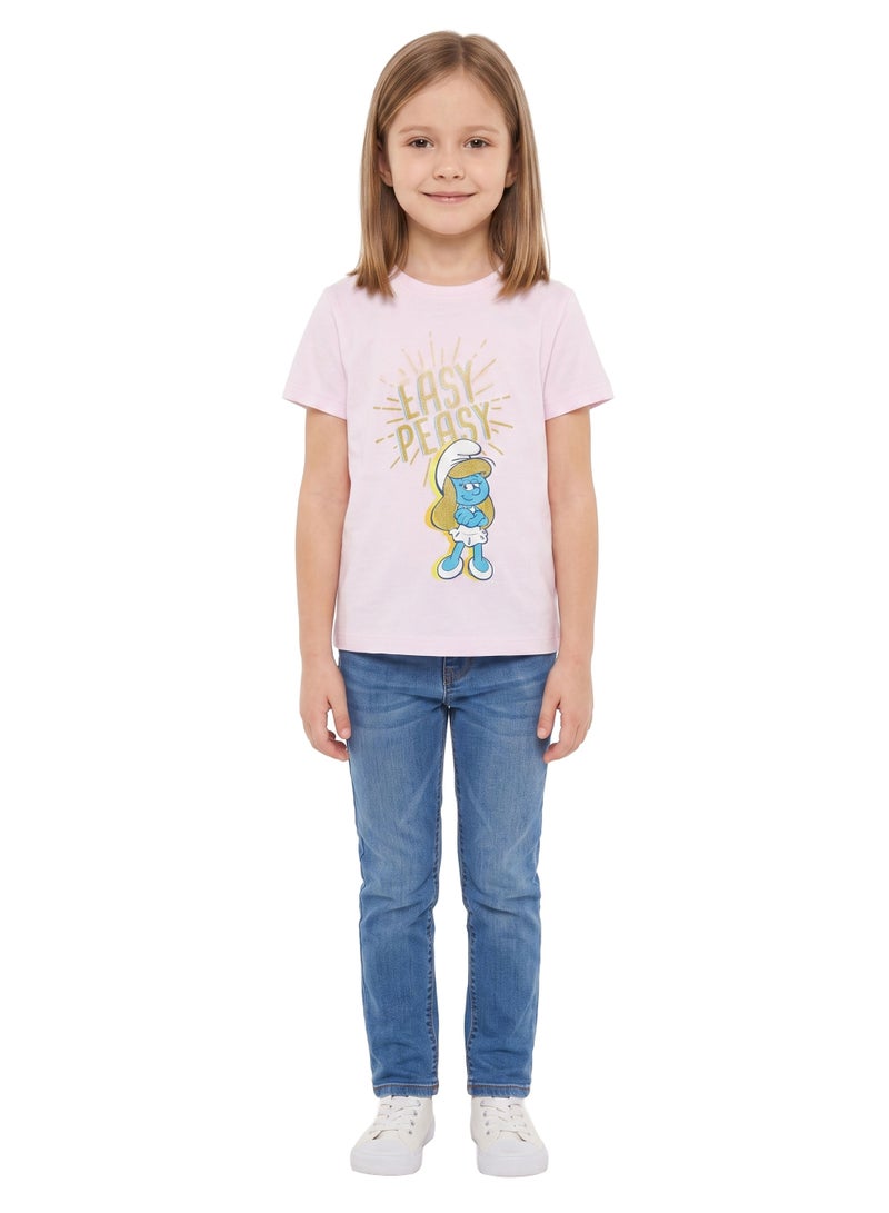 Trucare The Smurfs Smurfette "Easy Peasy" Graphic T-Shirt for Girls | Glitter Print Casual Crew Neck Tee - Image 3