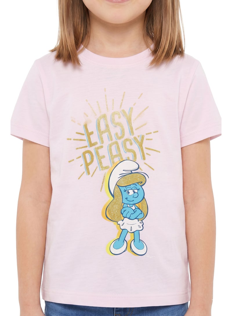 Trucare The Smurfs Smurfette "Easy Peasy" Graphic T-Shirt for Girls | Glitter Print Casual Crew Neck Tee - Image 4