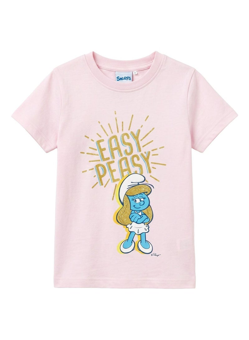 Trucare The Smurfs Smurfette "Easy Peasy" Graphic T-Shirt for Girls | Glitter Print Casual Crew Neck Tee - Image 5