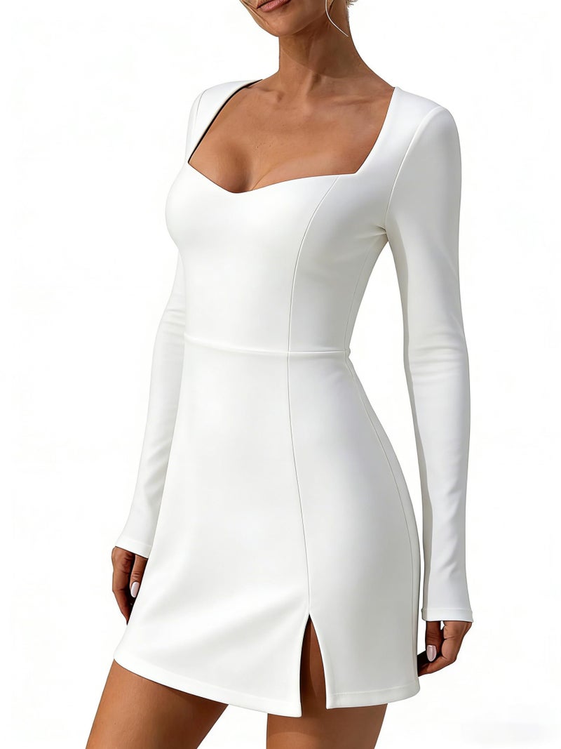 MAGICMK Women's Long Sleeve Square Neck Split Hem Bodycon Mini Party Club Cocktai Dress White - Image 4