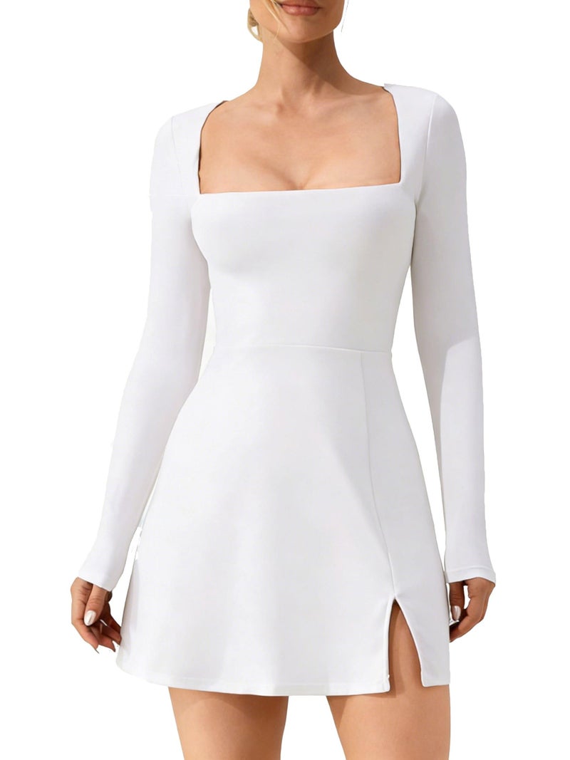 MAGICMK Women's Long Sleeve Square Neck Split Hem Bodycon Mini Party Club Cocktai Dress White - Image 1