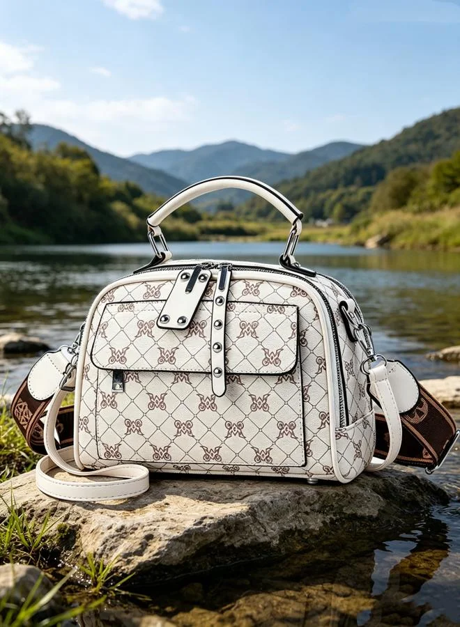 تايك تو Beige Printed Shoulder Bag with Zip