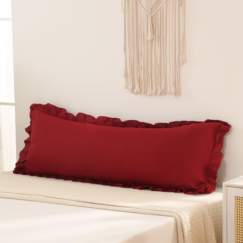 Merryword Burgundy Body Pillow Cover 20x54inches Long Pillowcase Ruffled Pillowcases Shabby Chic Ruffled Fringe Decor Body Ruffled Pillow Sham Cute Pillowcase (1 Body  Burgundy)  - Image 1