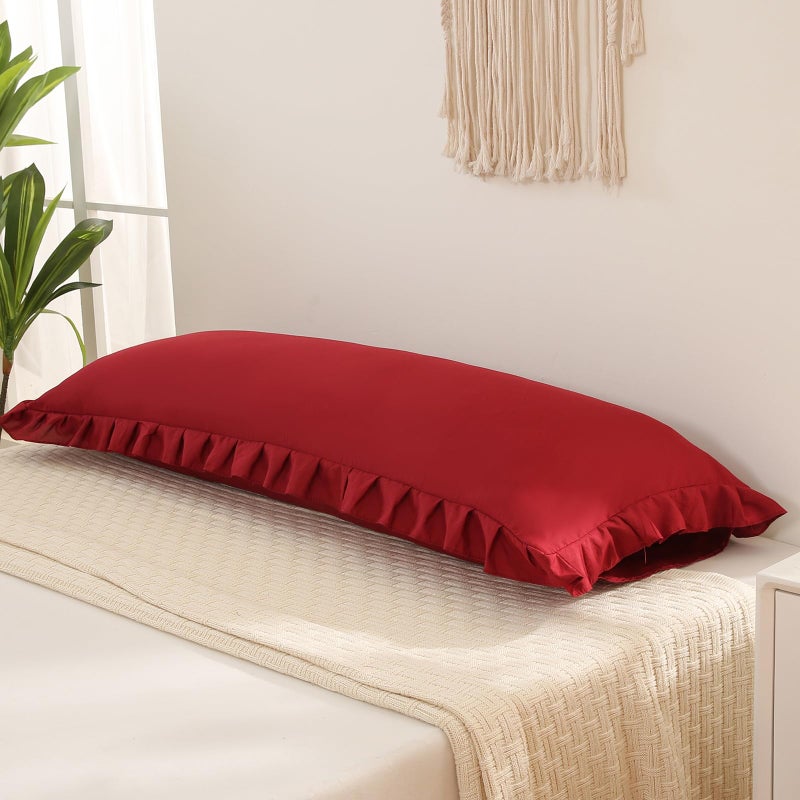 Merryword Burgundy Body Pillow Cover 20x54inches Long Pillowcase Ruffled Pillowcases Shabby Chic Ruffled Fringe Decor Body Ruffled Pillow Sham Cute Pillowcase (1 Body  Burgundy)  - Image 4