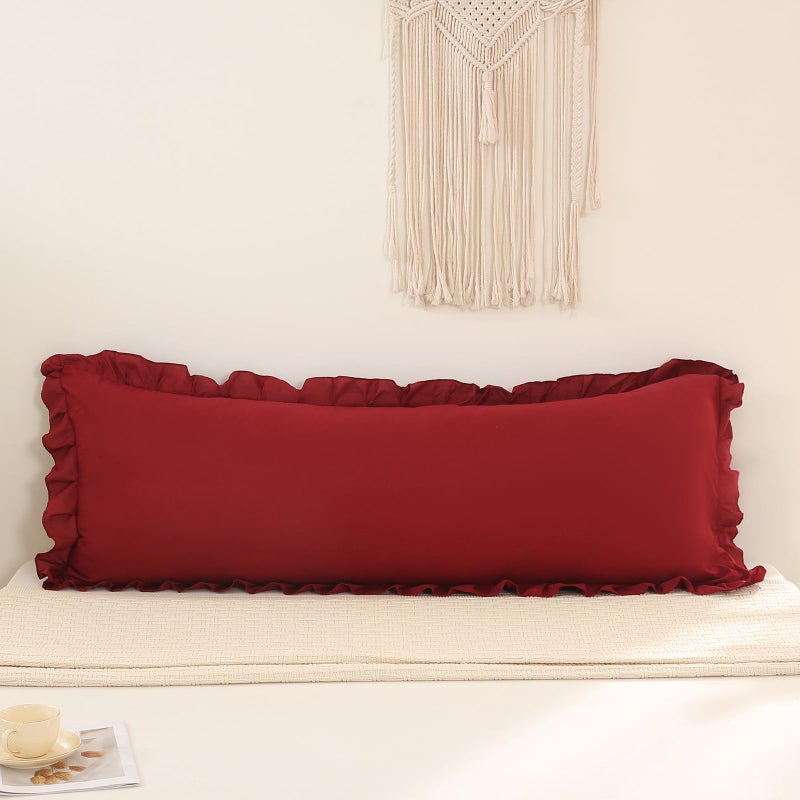 Merryword Burgundy Body Pillow Cover 20x54inches Long Pillowcase Ruffled Pillowcases Shabby Chic Ruffled Fringe Decor Body Ruffled Pillow Sham Cute Pillowcase (1 Body  Burgundy)  - Image 2