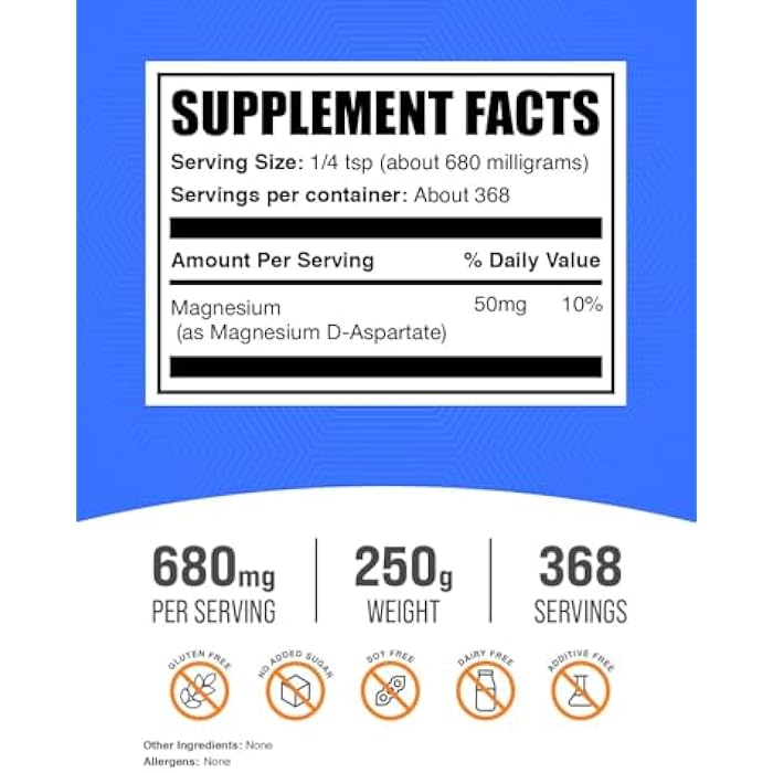 BulkSupplements.com Magnesium D-Aspartate Powder - Magnesium Supplement, High Absorption Magnesium, Magnesium Asparte Powder - Gluten Free, 680mg (49mg of Magnesium) per Serving, 250g (8.8 oz) - Image 2