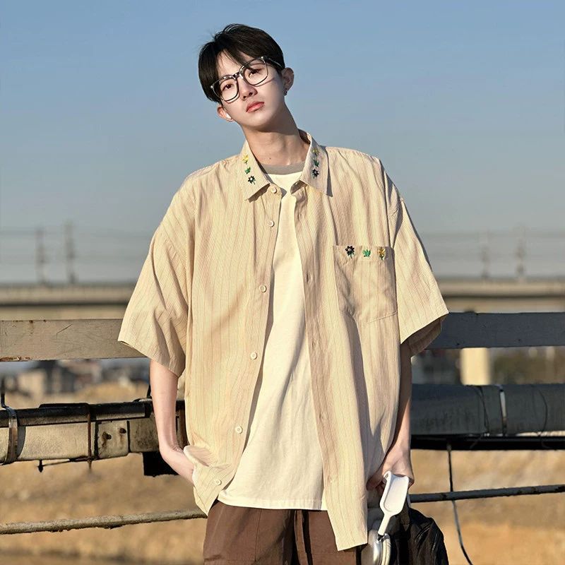 Juvenile Mint Green Striped Shirt Short Sleeve Summer Thin Shoulder Embroidered Shirt Oversize Couple Shirt - Image 5