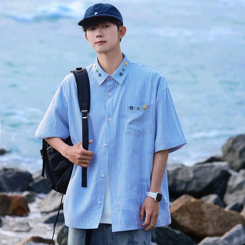 Juvenile Mint Green Striped Shirt Short Sleeve Summer Thin Shoulder Embroidered Shirt Oversize Couple Shirt - Image 3