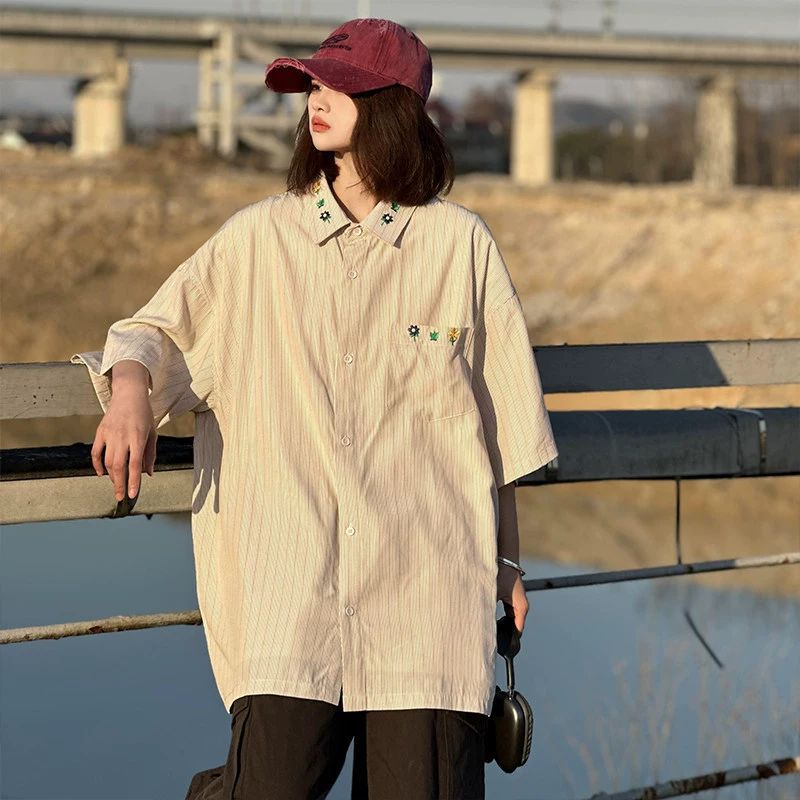 Juvenile Mint Green Striped Shirt Short Sleeve Summer Thin Shoulder Embroidered Shirt Oversize Couple Shirt - Image 4