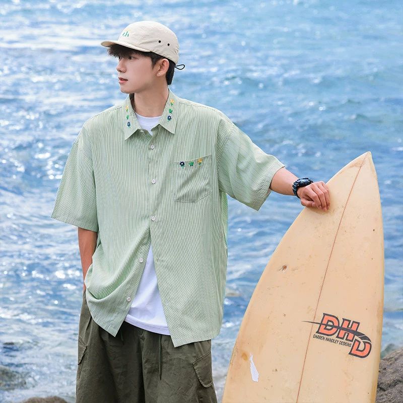 Juvenile Mint Green Striped Shirt Short Sleeve Summer Thin Shoulder Embroidered Shirt Oversize Couple Shirt - Image 2