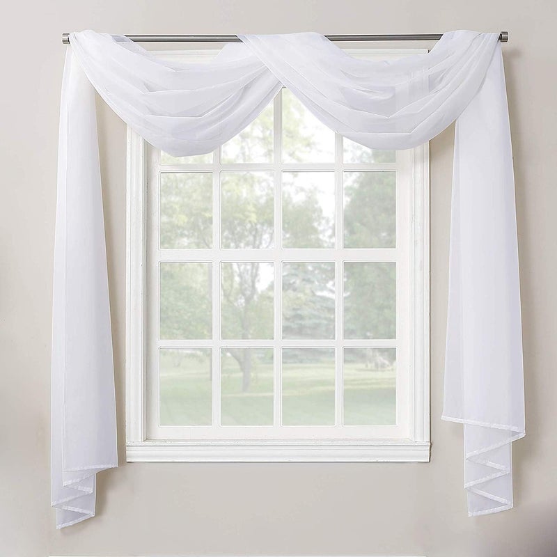 Decotex 1 Piece Sheer Voile Home Decor Fully Hemmed Scarf Valance Swag Topper (37" X 216", White) - Image 1