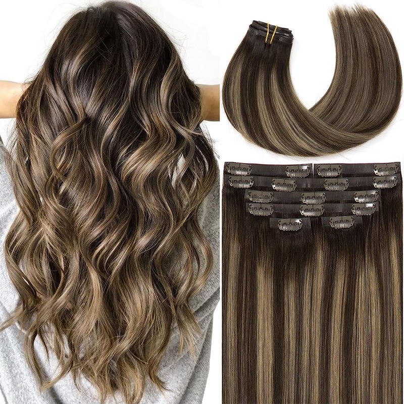 Lacer Hair Seamless Clip in Extensions Human Hair Natural Invisible PU Real Remy Hair Extensions Dark Brown to Chestnut Brown with Dark Brown Roots Clip On Human Hair 7pcs 16 Inch 110g R226