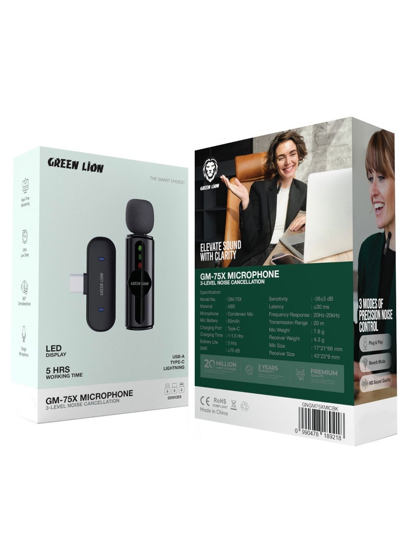 GREEN LION - Solo Microphone with 3-Level Noise Cancellation GM-75X and USB-A, Type-C, Lightning / LED Display / HD Sound Quality / Plug & Play / Real-Time Monitoring - Black - Image 1