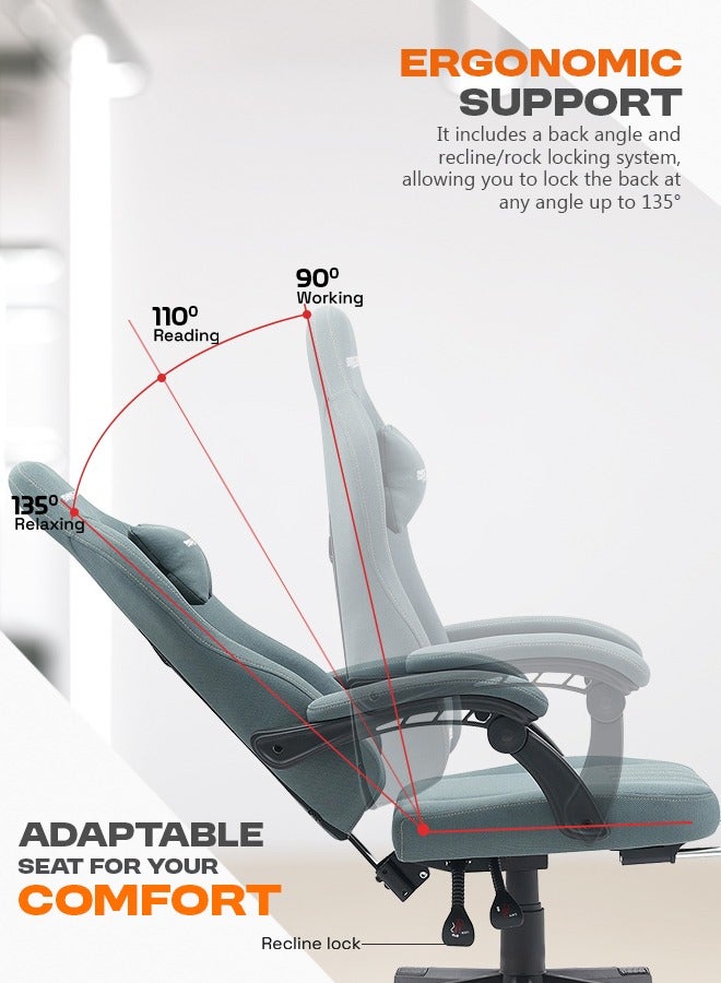 DROGO Premium Ergonomic Gaming Chair, Video Game Chair with Linkage Armrest, Footrest & Adjustable Seat Computer Chair with Fabric Material, Head & Lumbar Pillow Home & Office Chair with Recline Grey  - Image 5