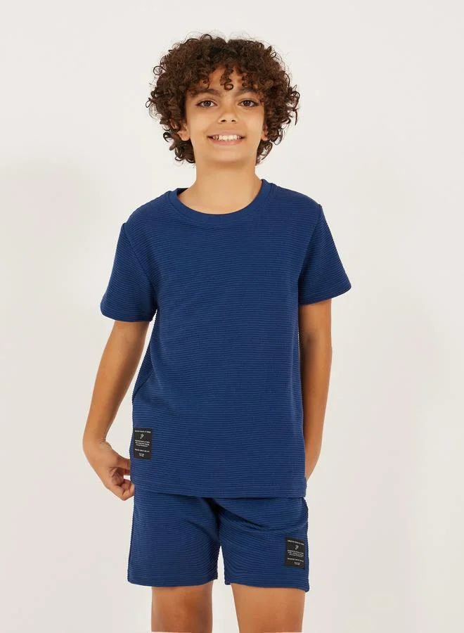 Styli Textured T-Shirt Detail and Shorts with Badge Set