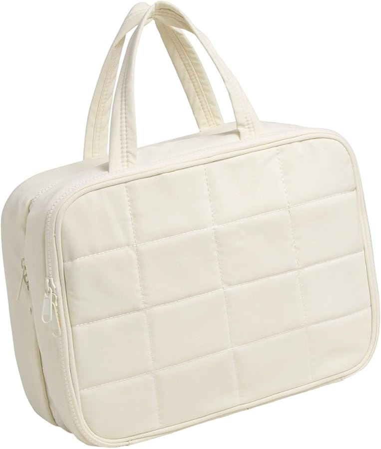 Large Beige Portable Hanging Shower Bag Compact Travel Cosmetic Toiletry Bag for Camping Backpackers - Image 1