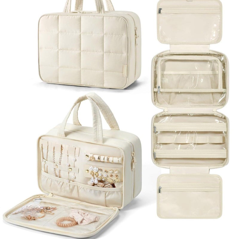 Large Beige Portable Hanging Shower Bag Compact Travel Cosmetic Toiletry Bag for Camping Backpackers - Image 3